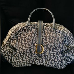 Authentic Christian Dior Navy Trotter Monogram Canvas Double Saddle Bowler Bag